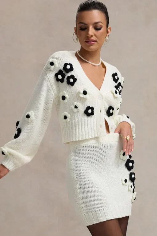 Louvre | Cream u0026 Black Knit Cropped Floral Cardigan