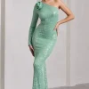 Love Language | Mint Green Sequin One Shoulder Maxi Dress With Corsage