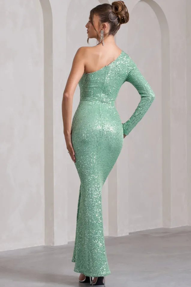 Love Language | Mint Green Sequin One Shoulder Maxi Dress With Corsage
