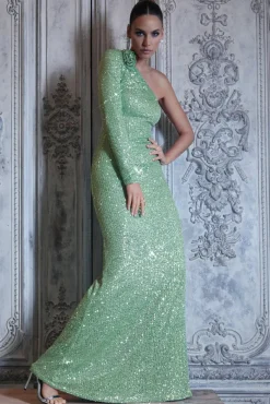 Love Language | Mint Green Sequin One Shoulder Maxi Dress With Corsage
