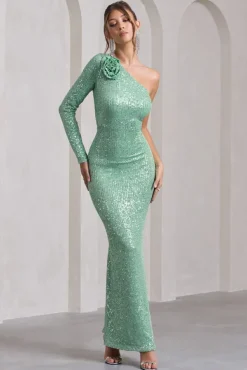 Love Language | Mint Green Sequin One Shoulder Maxi Dress With Corsage