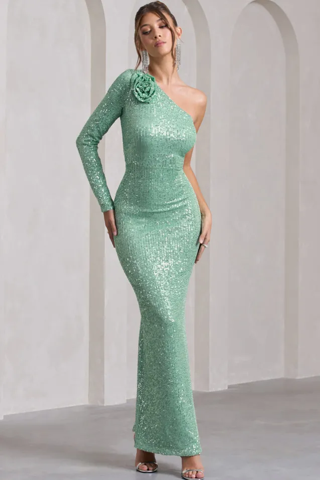 Love Language | Mint Green Sequin One Shoulder Maxi Dress With Corsage