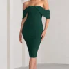 Love Me | Bottle Green Off The Shoulders Ruched Midi Dress