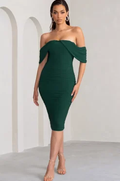 Love Me | Bottle Green Off The Shoulders Ruched Midi Dress