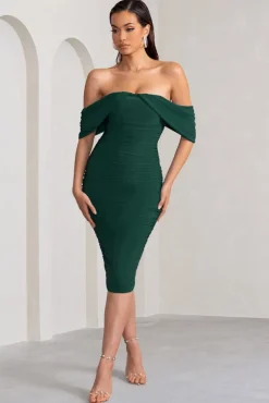 Love Me | Bottle Green Off The Shoulders Ruched Midi Dress