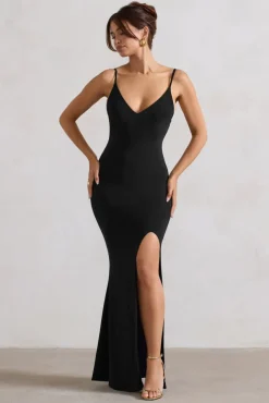 Love Shy | Black Plunge Neck Maxi Dress With Split Detail