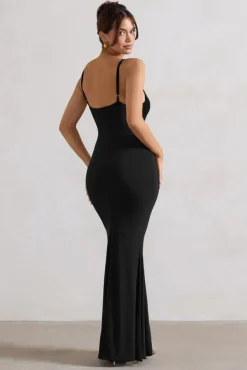 Love Shy | Black Plunge Neck Maxi Dress With Split Detail