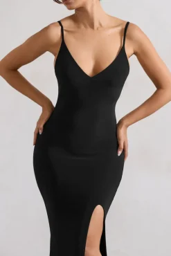 Love Shy | Black Plunge Neck Maxi Dress With Split Detail