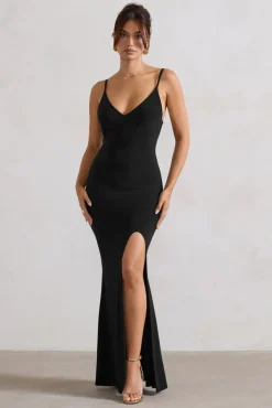 Love Shy | Black Plunge Neck Maxi Dress With Split Detail