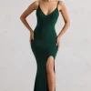 Love Shy | Bottle Green Plunge Neck Maxi Dress With Split Detail
