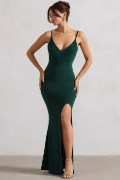 Love Shy | Bottle Green Plunge Neck Maxi Dress With Split Detail