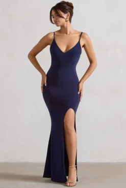 Love Shy | Navy Plunge Neck Maxi Dress With Split Detail