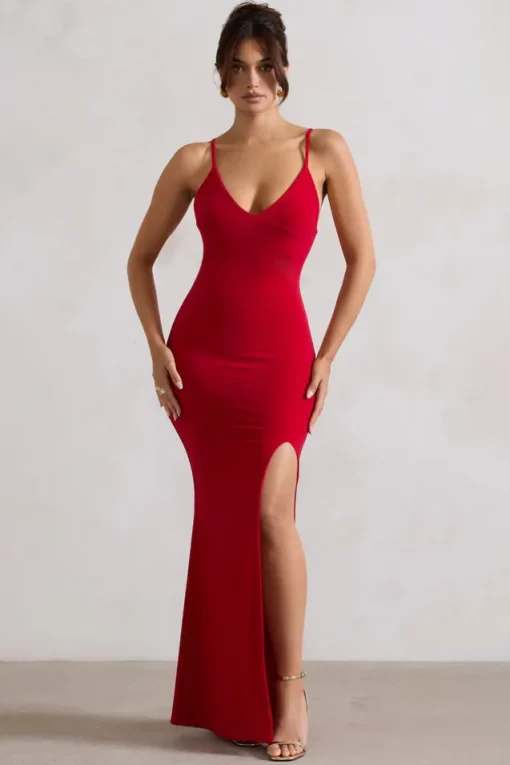 Love Shy | Red Plunge Neck Maxi Dress With Split Detail