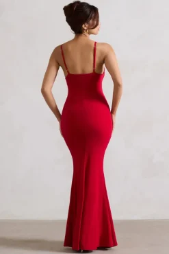 Love Shy | Red Plunge Neck Maxi Dress With Split Detail