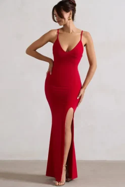 Love Shy | Red Plunge Neck Maxi Dress With Split Detail