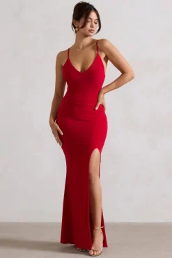 Love Shy | Red Plunge Neck Maxi Dress With Split Detail