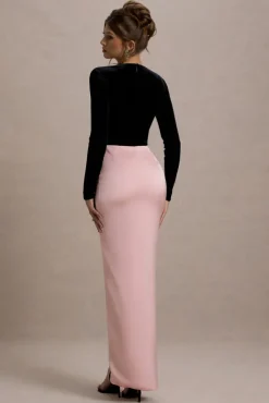 Love Spell | Black Velvet Plunge-Neck Maxi Dress With Pink Satin Skirt