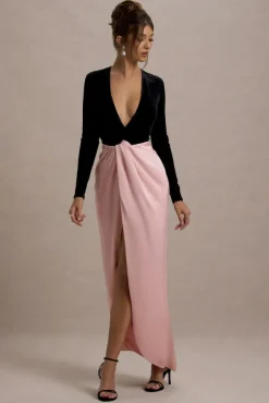 Love Spell | Black Velvet Plunge-Neck Maxi Dress With Pink Satin Skirt
