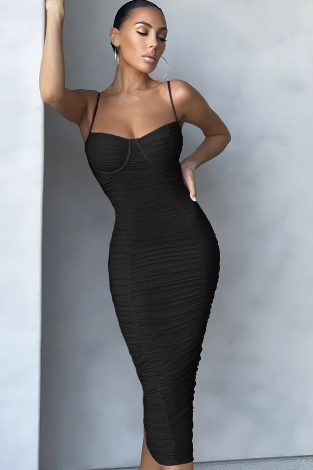 Love Tapes | Black Corset Mesh Midi Dress