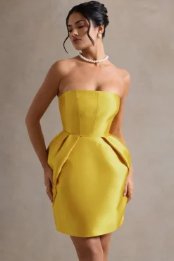 Lovebug | Mustard Bandeau Mini Dress With Tulip Skirt