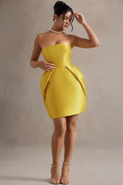 Lovebug | Mustard Bandeau Mini Dress With Tulip Skirt