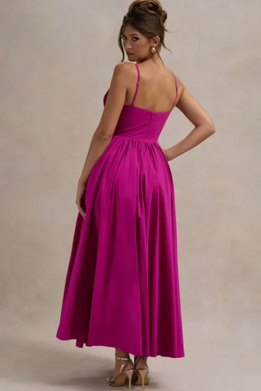 Loved Up | Fuschia Pink Strappy Pleated Maxi Dress With Bows