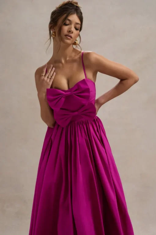 Loved Up | Fuschia Pink Strappy Pleated Maxi Dress With Bows