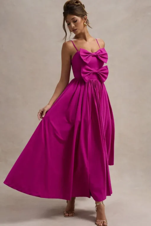 Loved Up | Fuschia Pink Strappy Pleated Maxi Dress With Bows