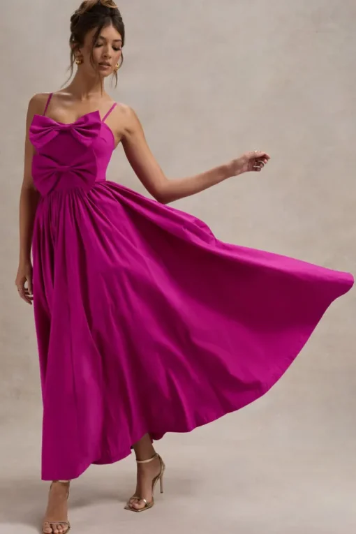 Loved Up | Fuschia Pink Strappy Pleated Maxi Dress With Bows