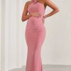Loving | Blush Pink Halter-Neck Maternity Maxi Dress With Flower Corsage