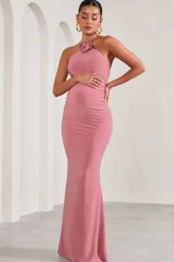 Loving | Blush Pink Halter-Neck Maternity Maxi Dress With Flower Corsage