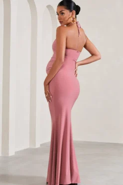 Loving | Blush Pink Halter-Neck Maternity Maxi Dress With Flower Corsage