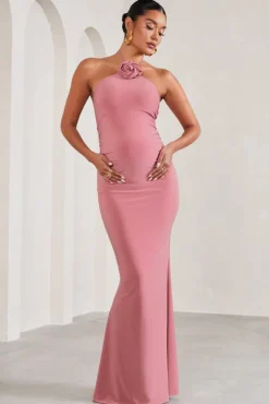 Loving | Blush Pink Halter-Neck Maternity Maxi Dress With Flower Corsage
