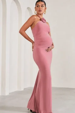 Loving | Blush Pink Halter-Neck Maternity Maxi Dress With Flower Corsage