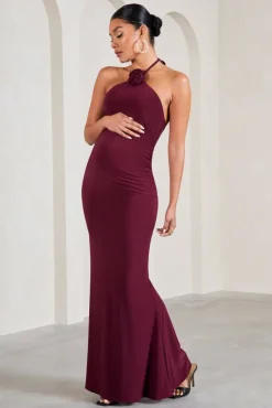 Loving | Burgundy Halter-Neck Maternity Maxi Dress With Flower Corsage
