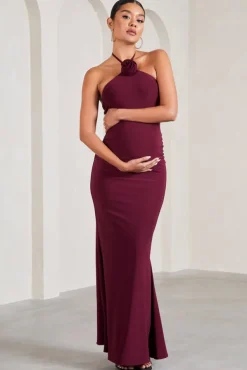 Loving | Burgundy Halter-Neck Maternity Maxi Dress With Flower Corsage