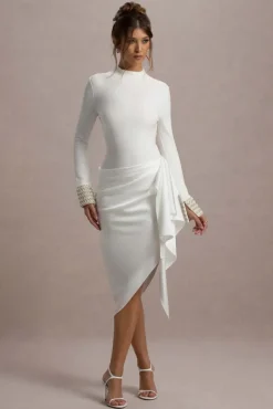Luanna | Ecru Satin Long-Sleeve Midi Dress With Draped Skirt