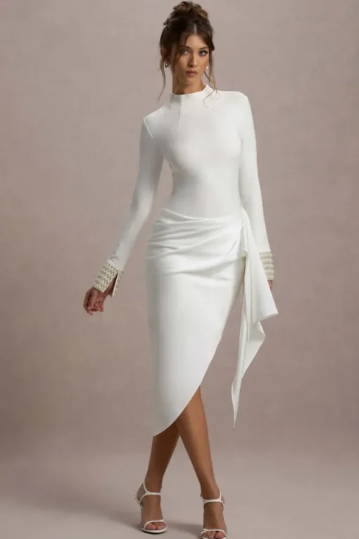 Luanna | Ecru Satin Long-Sleeve Midi Dress With Draped Skirt
