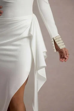 Luanna | Ecru Satin Long-Sleeve Midi Dress With Draped Skirt