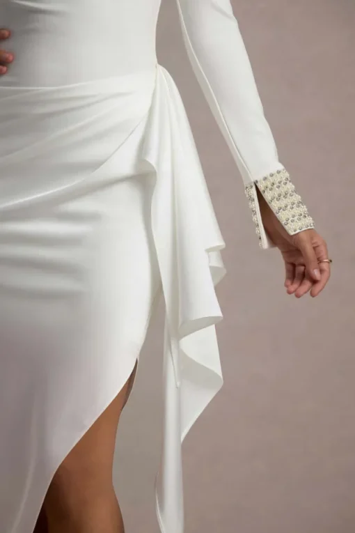 Luanna | Ecru Satin Long-Sleeve Midi Dress With Draped Skirt