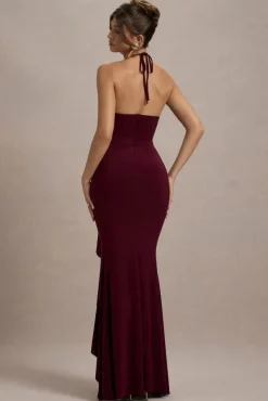 Lucena | Burgundy Cowl-Neck Wrap Maxi Dress With Floral Drape