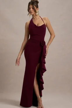 Lucena | Burgundy Cowl-Neck Wrap Maxi Dress With Floral Drape