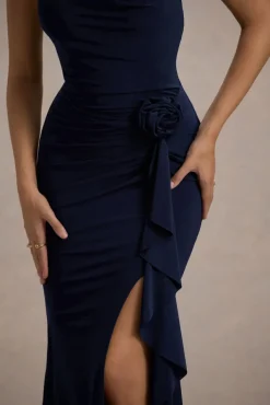 Lucena | Navy Cowl-Neck Wrap Maxi Dress With Floral Drape