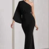 Luciana | Black One Shoulder Drape Sleeve Maxi Dress