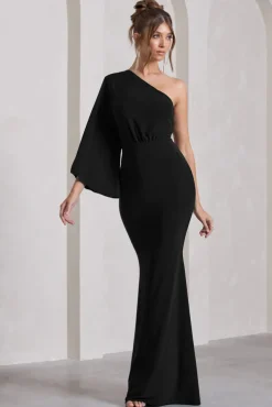 Luciana | Black One Shoulder Drape Sleeve Maxi Dress