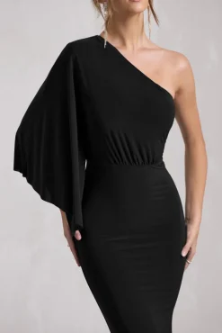 Luciana | Black One Shoulder Drape Sleeve Maxi Dress