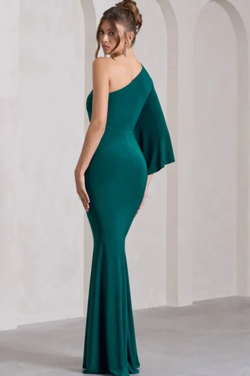 Luciana | Bottle Green One Shoulder Drape Sleeve Maxi Dress