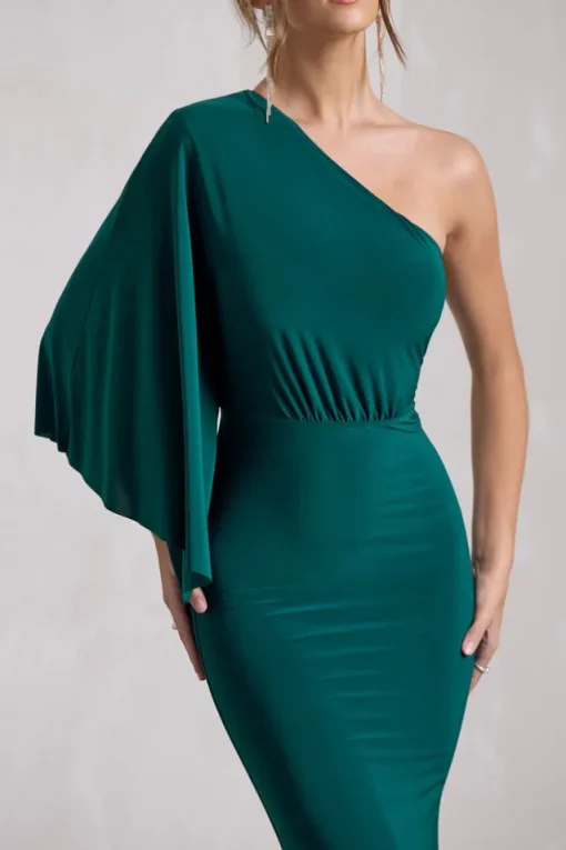 Luciana | Bottle Green One Shoulder Drape Sleeve Maxi Dress
