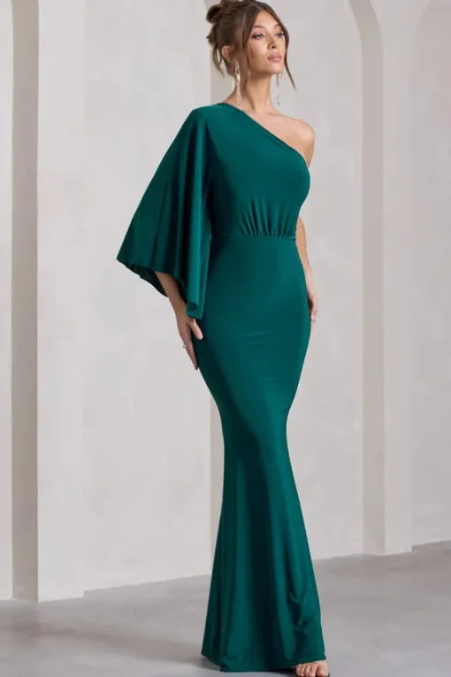Luciana | Bottle Green One Shoulder Drape Sleeve Maxi Dress