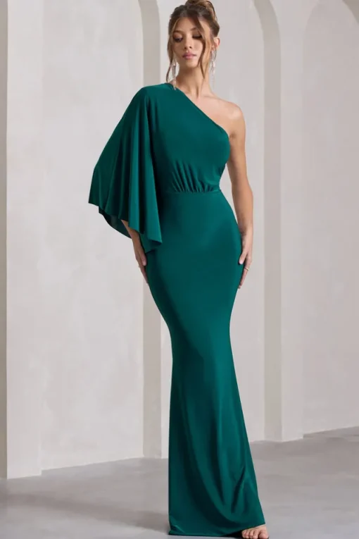 Luciana | Bottle Green One Shoulder Drape Sleeve Maxi Dress